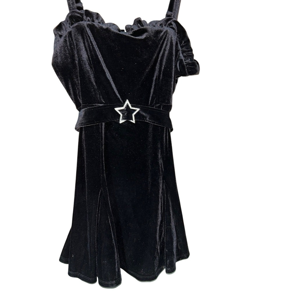 Velvet Sleeveless Belted Fit Flare Dress Black Rhinestone Star L Johnny Wujek - Picture 4 of 7